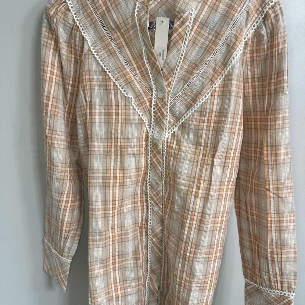 Akaiv Plaid Crochet Lace Trim Blouse Tan White Long Sleeve Button Down Shirt S